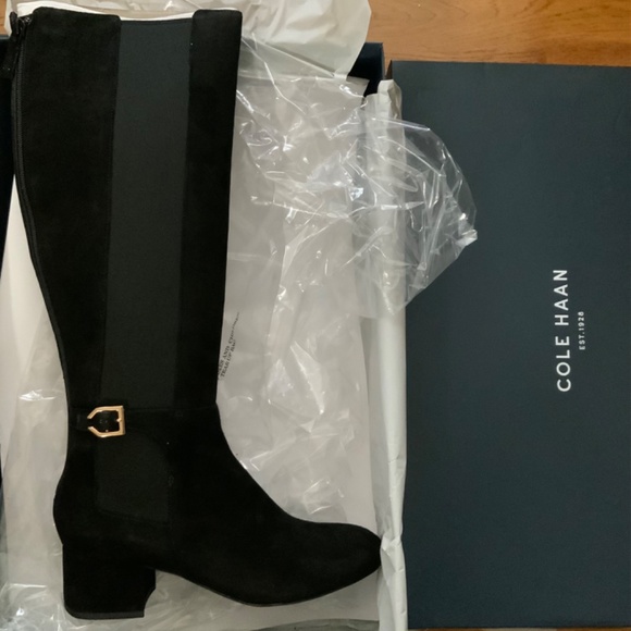 COLE HAAN Avani Stretch Black Suede Leather Over Knee High Heel Riding Boots - Picture 10 of 10